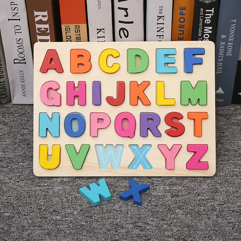 Toddlers Wooden Puzzle Montessori Baby Toys ABC Alphabet Number Shape Matching Board Game Preschool Educational Toy for Kids 2-4
