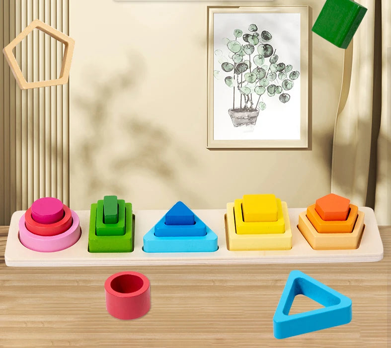 Montessori Wooden Stacking Toys - Shape Sorting & Geometric Blocks for Toddlers