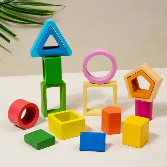 Montessori Wooden Stacking Toys - Shape Sorting & Geometric Blocks for Toddlers