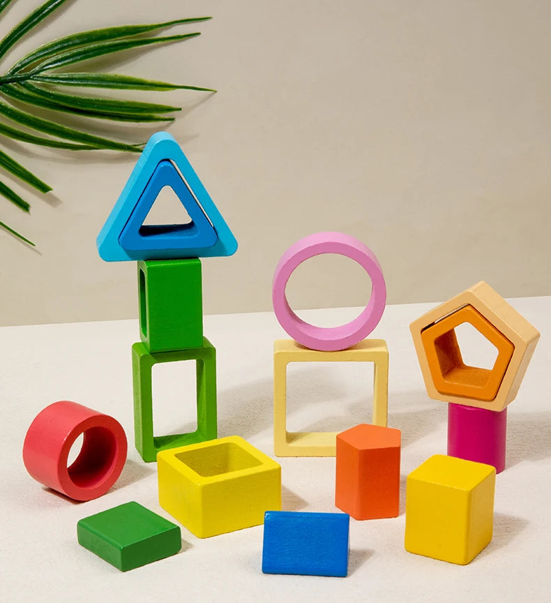 Montessori Wooden Stacking Toys - Shape Sorting & Geometric Blocks for Toddlers