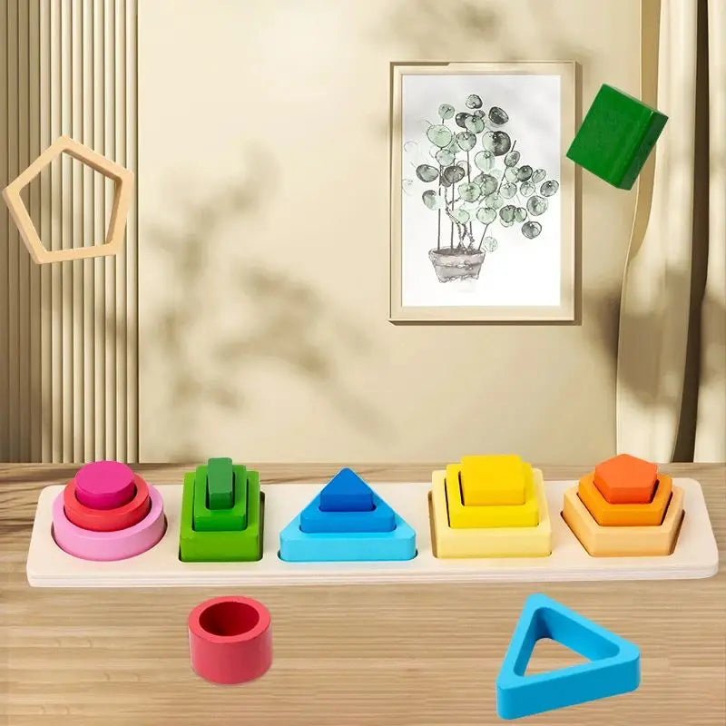 Montessori Wooden Stacking Toys - Shape Sorting & Geometric Blocks for Toddlers