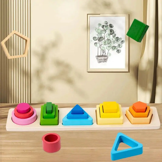 Montessori Wooden Stacking Toys - Shape Sorting & Geometric Blocks for Toddlers