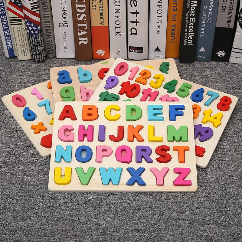 Toddlers Wooden Puzzle Montessori Baby Toys ABC Alphabet Number Shape Matching Board Game Preschool Educational Toy for Kids 2-4